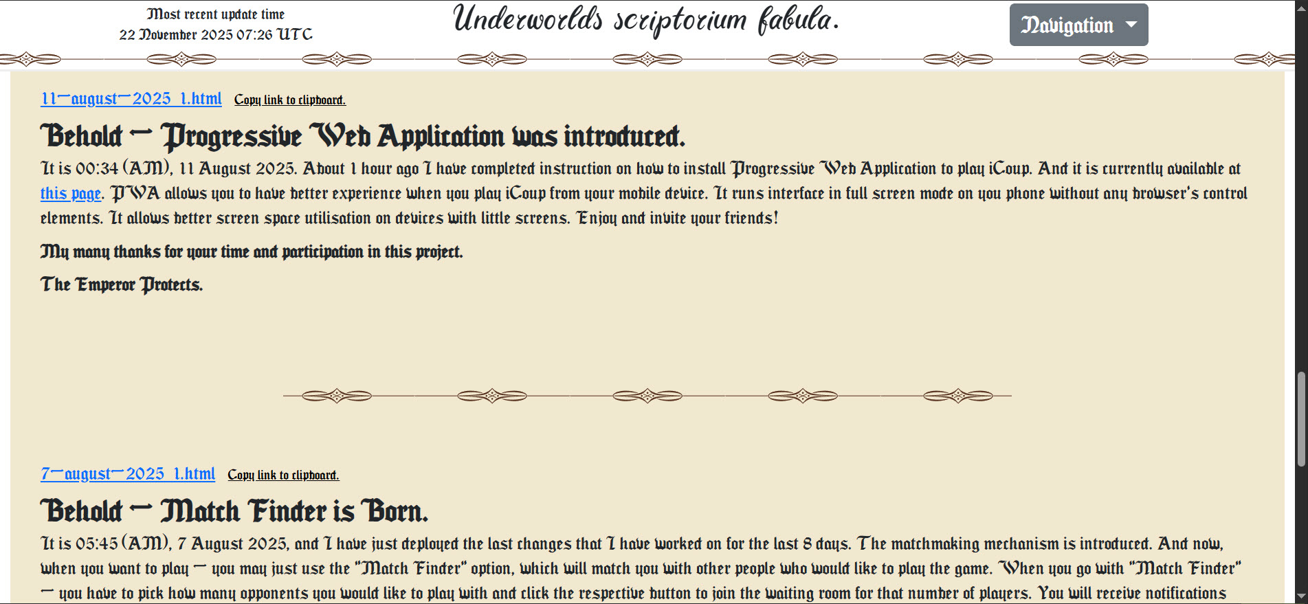 fabulasの間に区切り線があるscriptorium fabulaページのスクリーンショット。