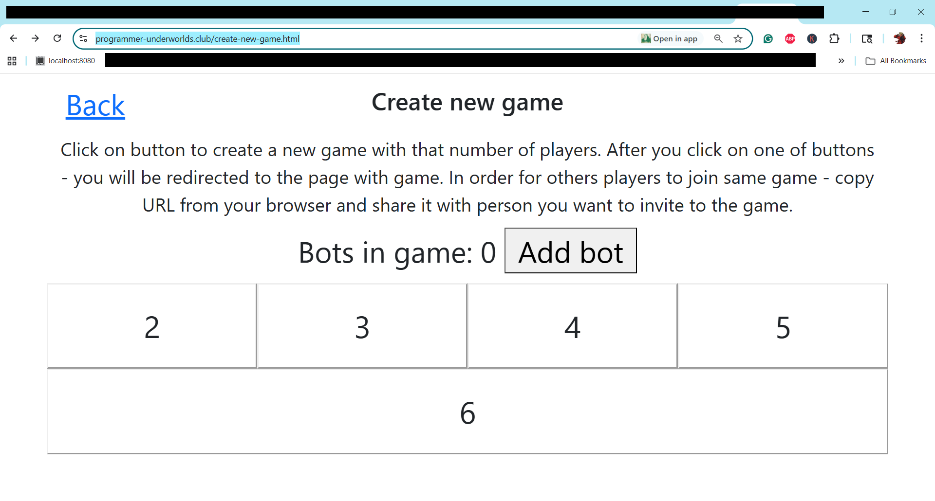 「ボットを追加」ボタンを示す新しいゲーム作成ページのスクリーンショット。
