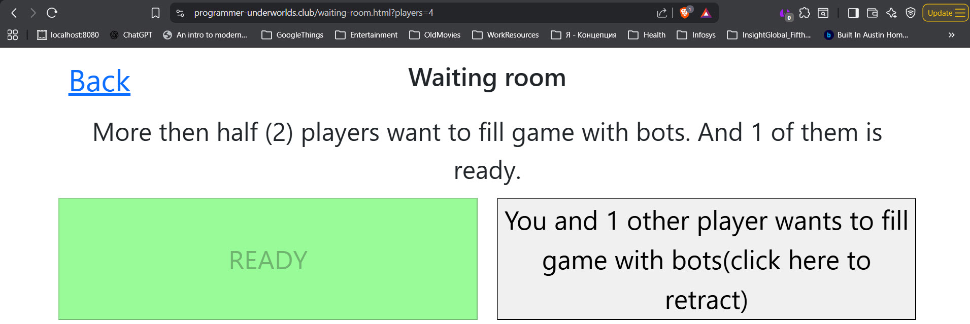 半分以上のプレイヤーがボットでゲームを埋めることに投票し、プレイヤーの一人が「READY」ボタンをクリックした「待合室」ページのスクリーンショット。